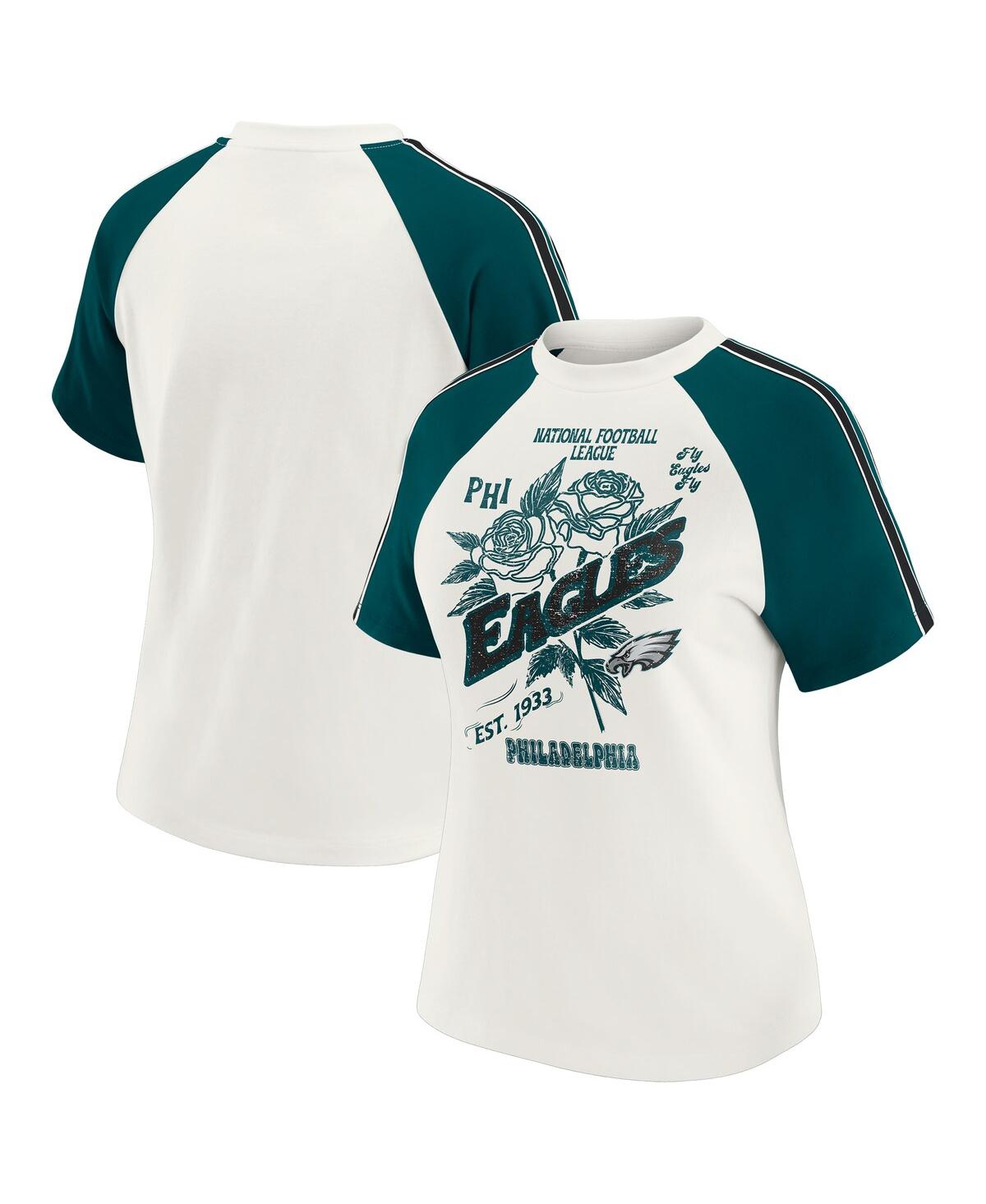 Wear By Erin Andrews Women's White Philadelphia Eagles Sleeve Stripe Distressed Raglan T-shirt