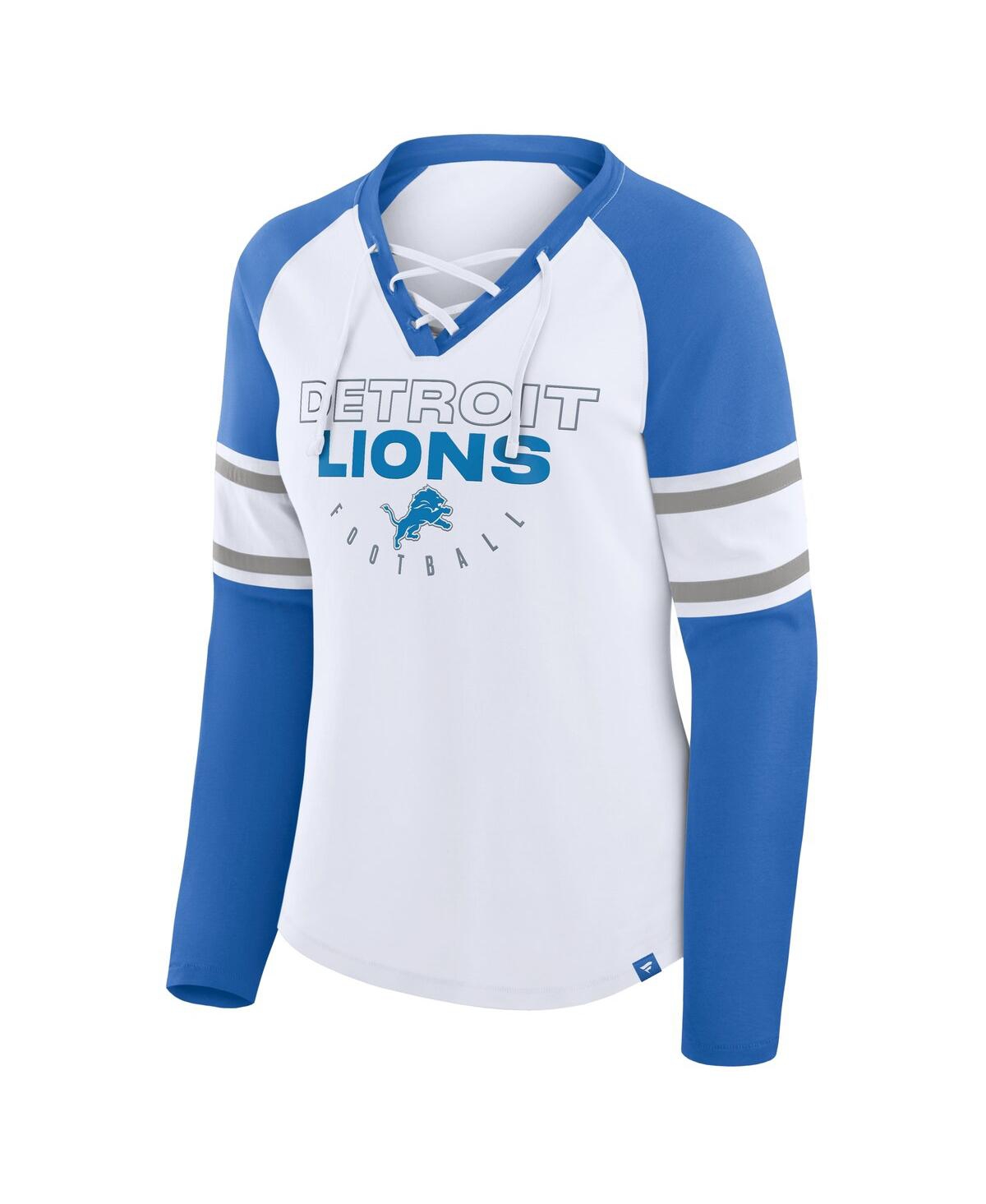 Fanatics Women's White/blue Detroit Lions Redzone Blitz Package Raglan Lace-up V-neck Long Sleeve T-shirt In White