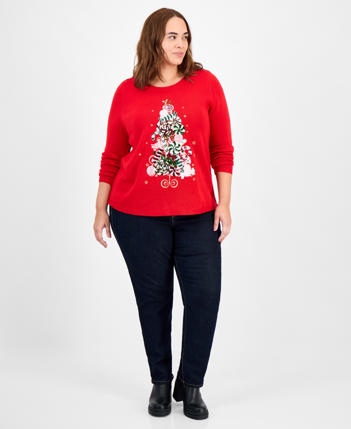 Holiday Lane Plus Size Candy-tree Crewneck Sweater In Red