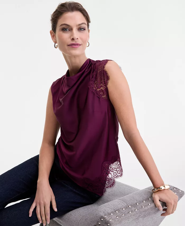 Women's Lace-Trim Cowl-Neck Sleeveless Top