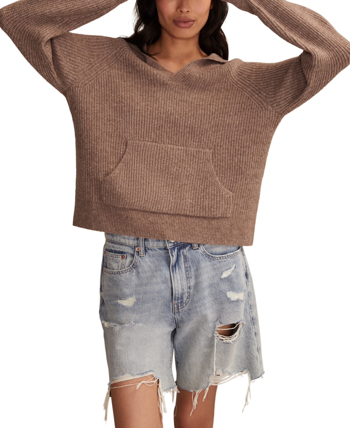 Lucky Brand Cloud Soft V-neck Sweater Hoodie In Brown