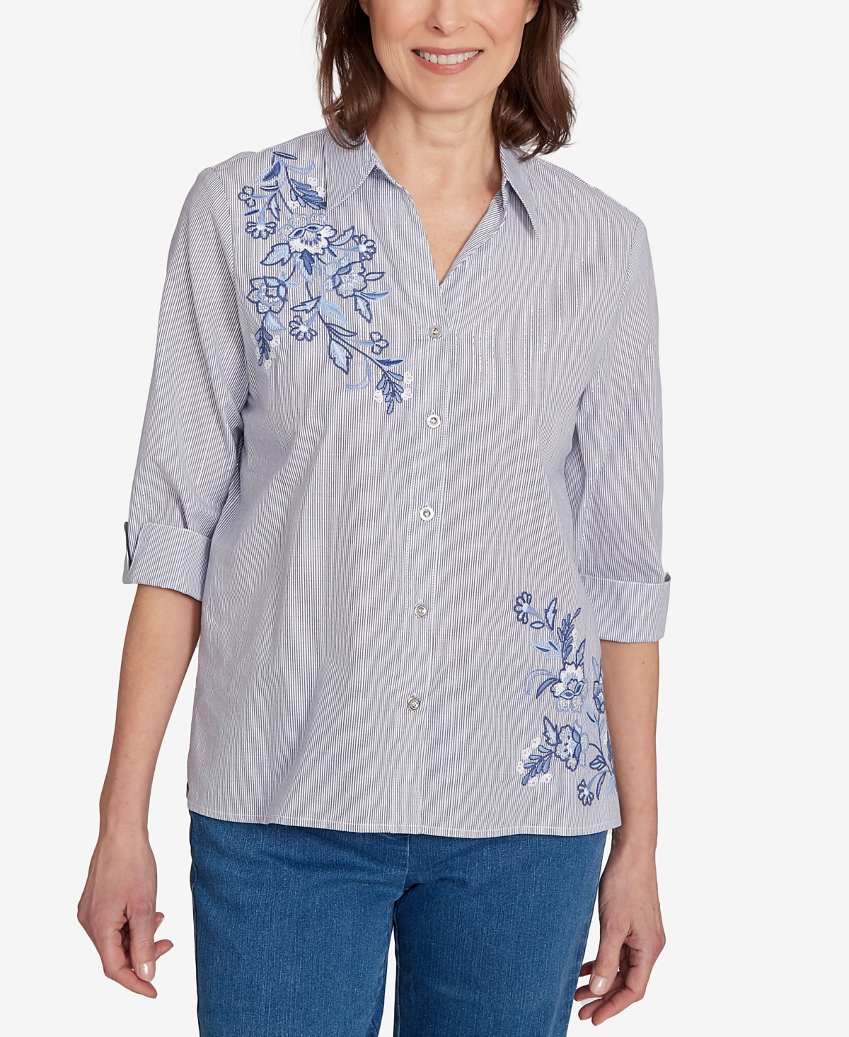 Alfred Dunner Women's Classic Diagonal Floral Metallic Stripe Button Front Top In Blue