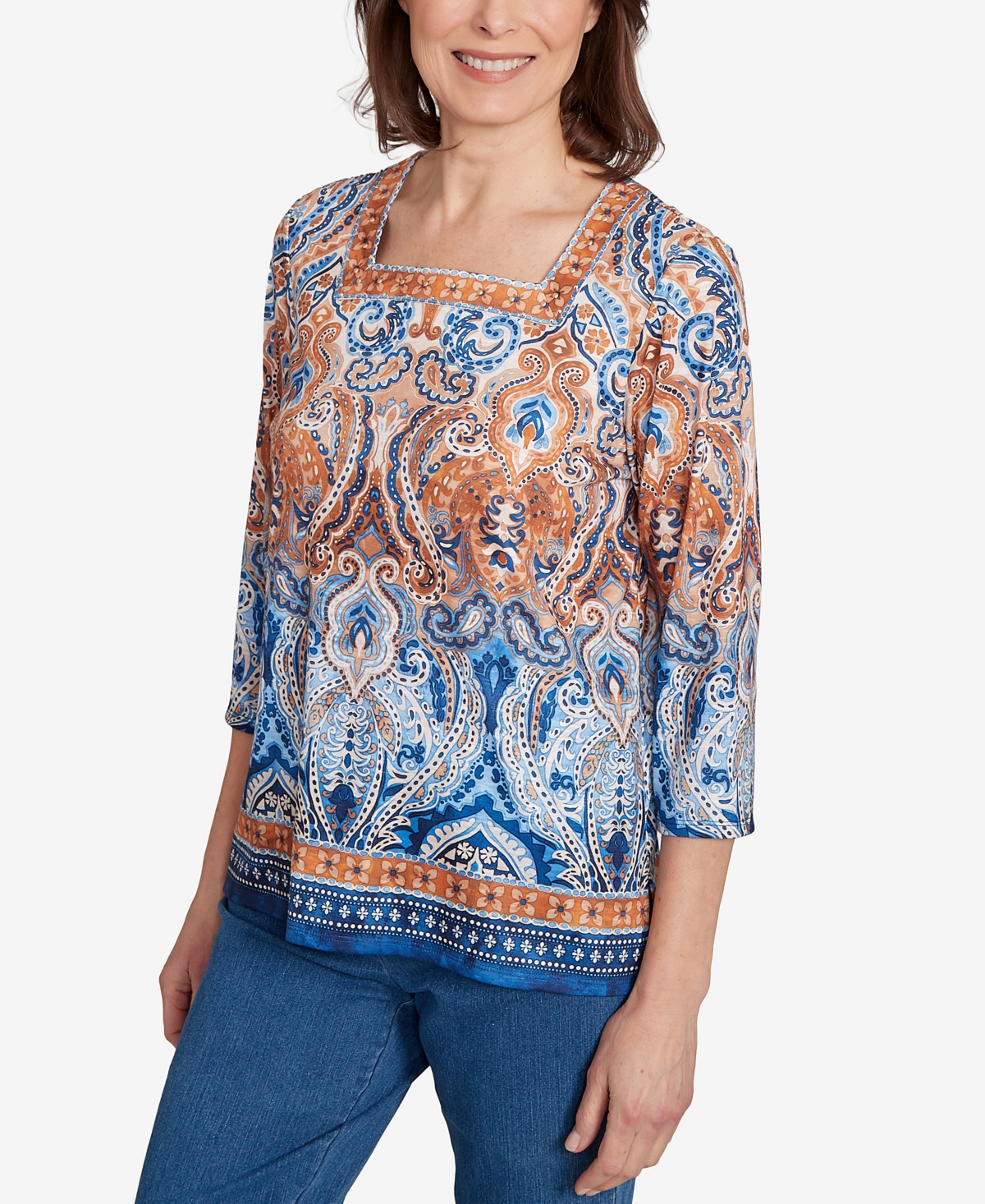 Alfred Dunner Women's Classic Medallion Bordered Square Neck Top In Multi