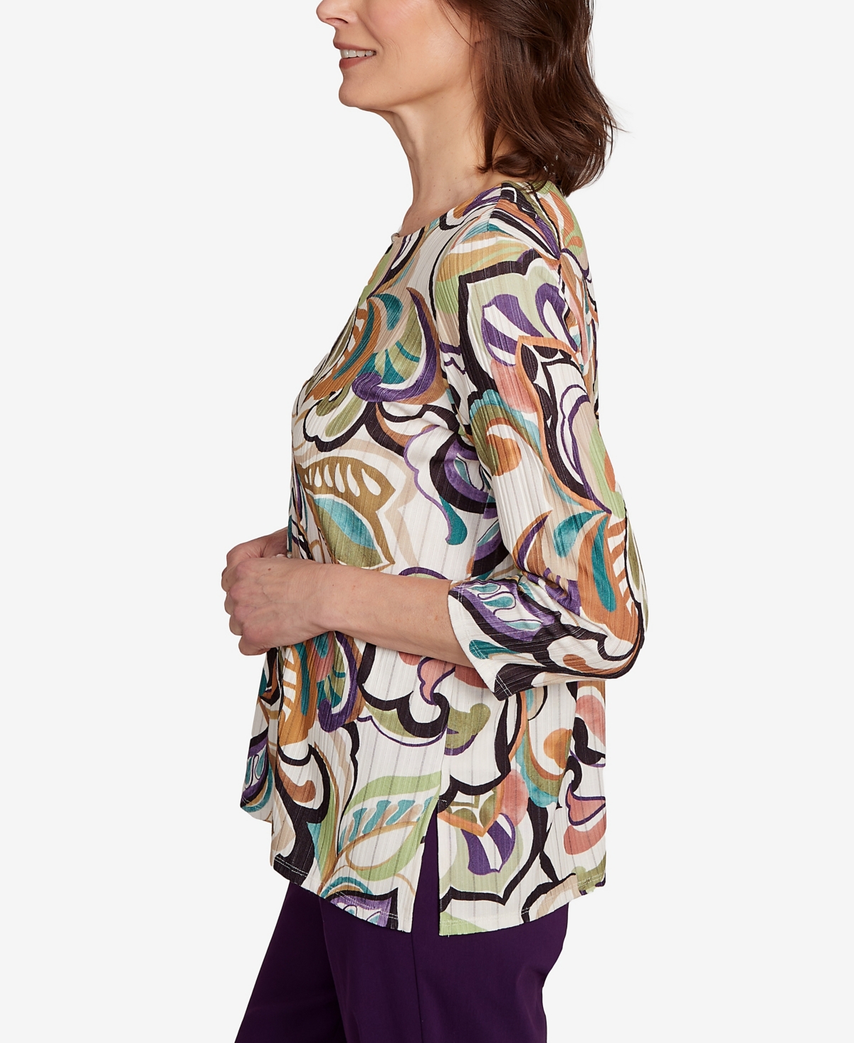 Alfred Dunner Women's Classic Abstract Scroll Split Neck Top In Multi