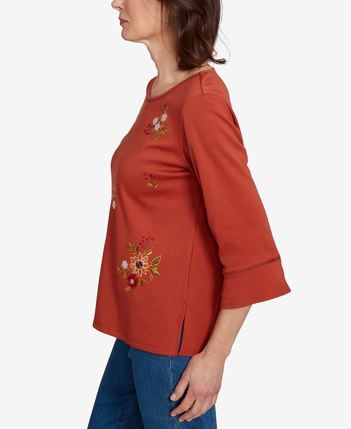 Alfred Dunner Women's Classic Tossed Floral Flutter Sleeve Top In Brown