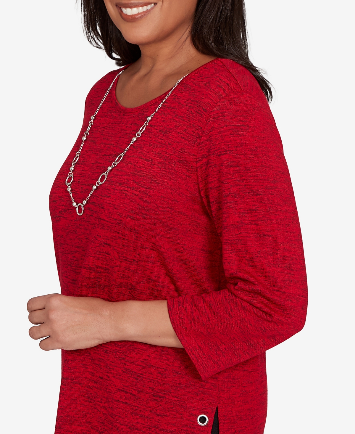 Alfred Dunner Women's Classic Melange Side Button Crew Neck Top With Necklace In Red
