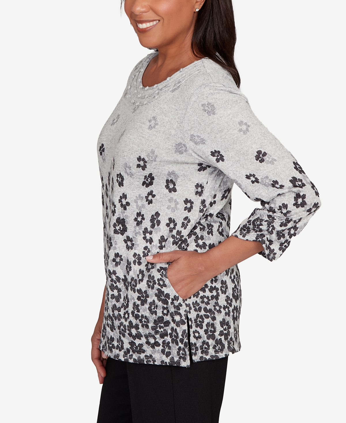 Alfred Dunner Plus Size Classic Floral Border Gathered Sleeve Top In Multi