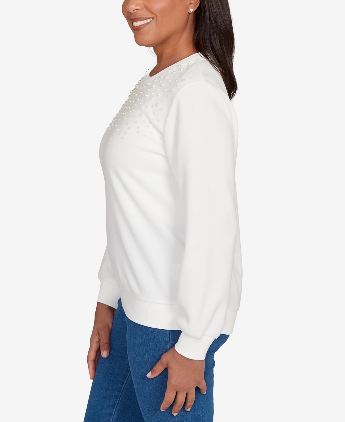 Alfred Dunner Plus Size Classic Embellished Neckline Anti-pill Sweater In White