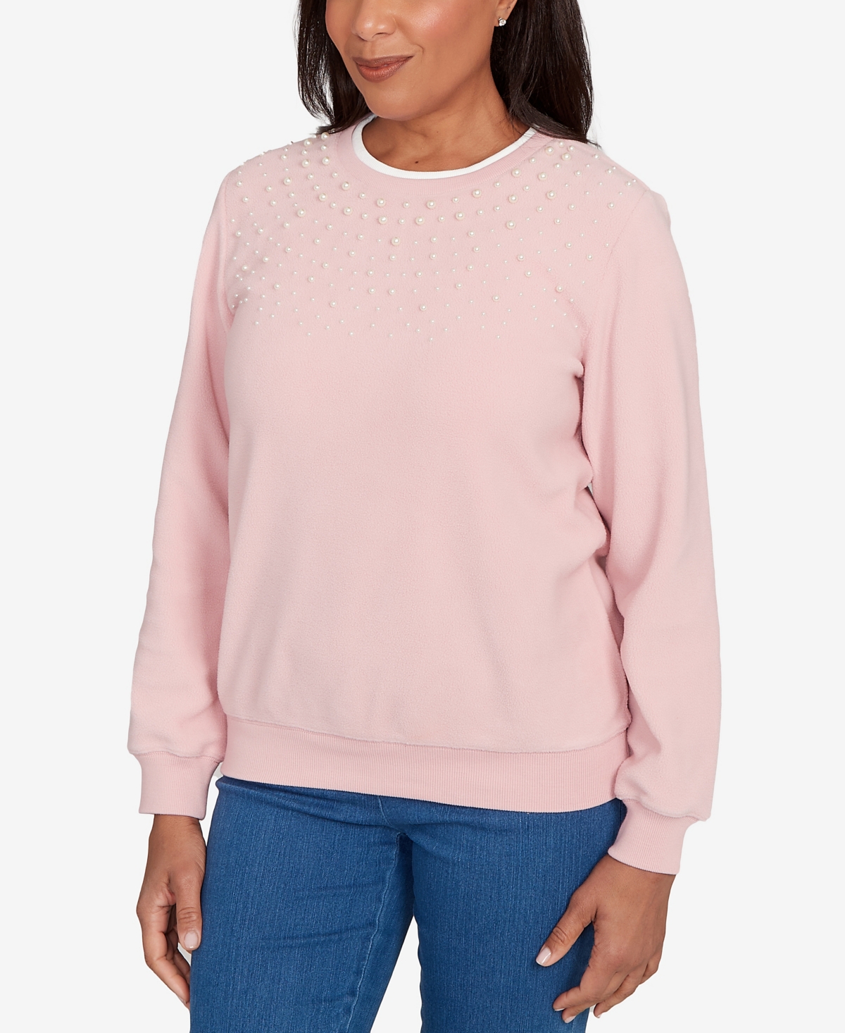Alfred Dunner Plus Size Classic Embellished Neckline Anti-pill Sweater In Pink