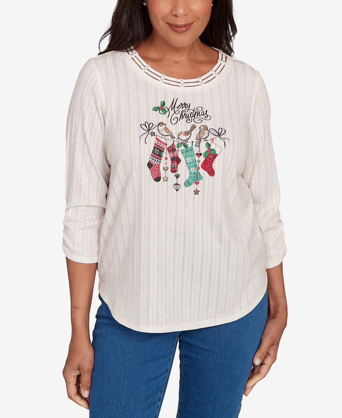 Alfred Dunner Women's Classic Holiday Stockings Print Gathered Sleeve Top In Brown