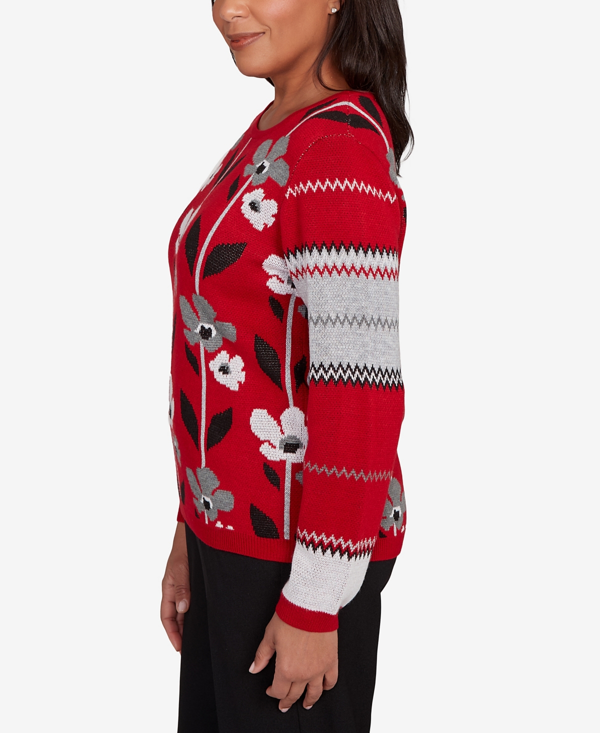 Alfred Dunner Women's Classic Vertical Flower Zig Zag Long Sleeves Sweater In Red