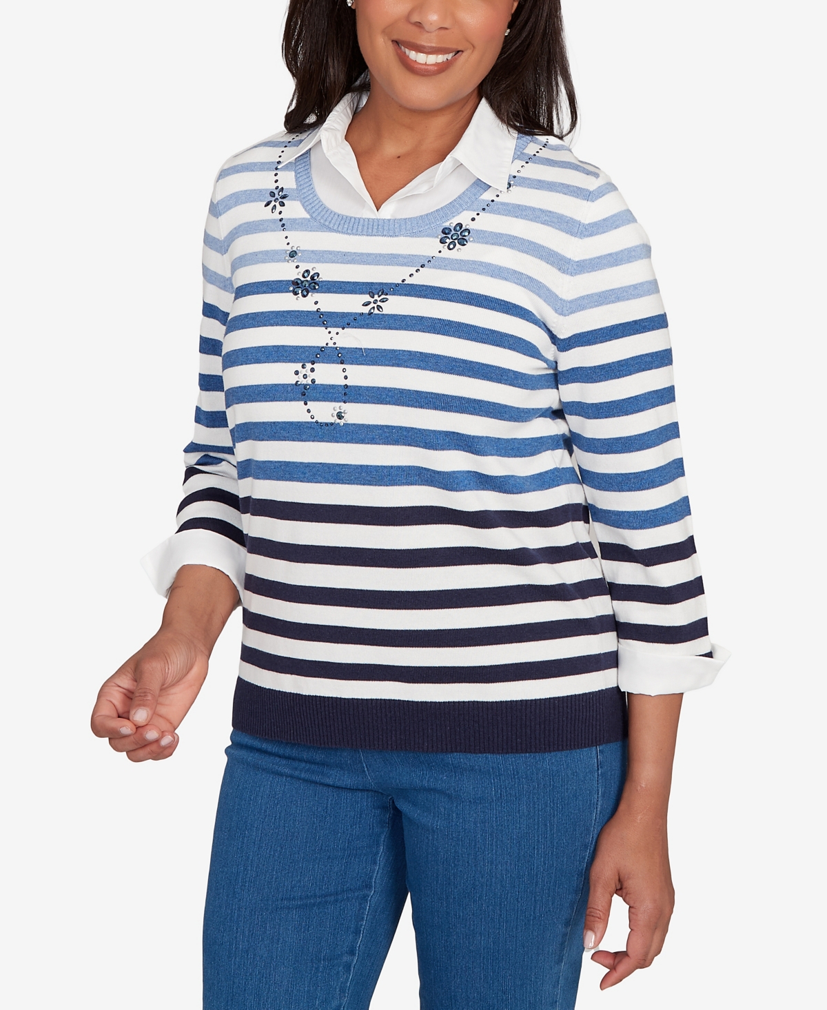 Alfred Dunner Women's Classic Ombre Stripe Two In One Sweater In Blue