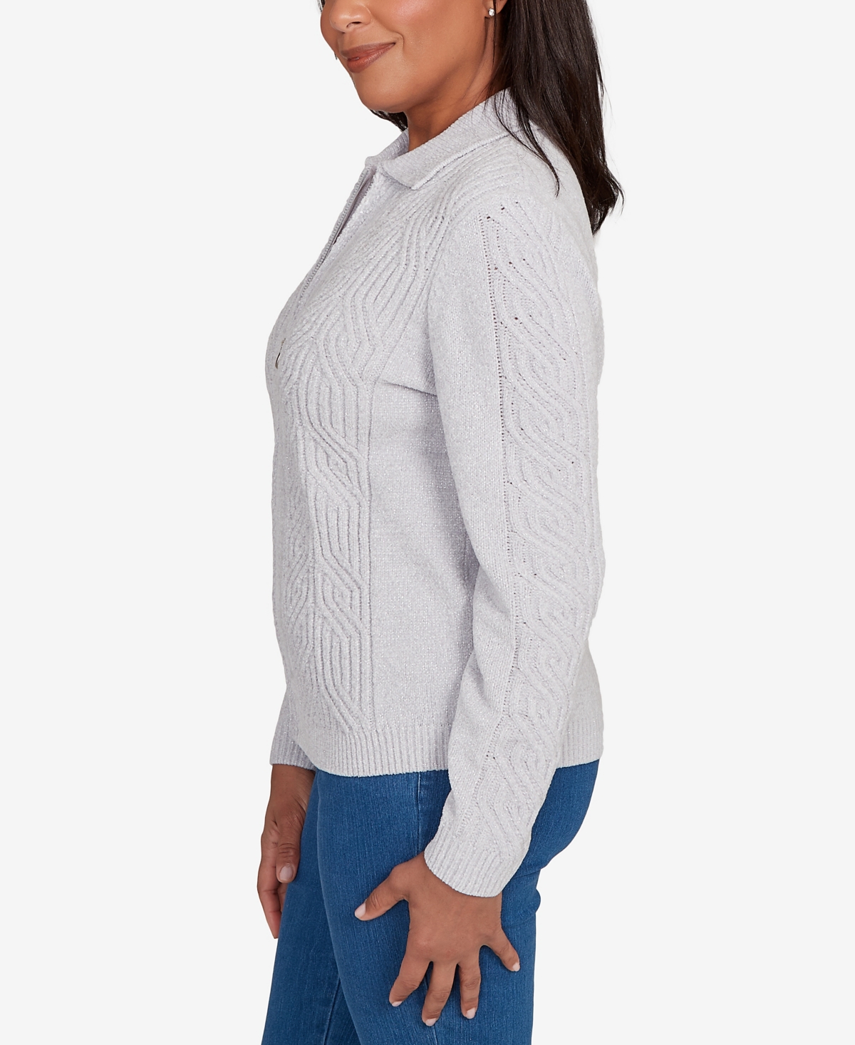 Alfred Dunner Plus Size Classic Zip-front Chenille Collared Cardigan Sweater In Gray