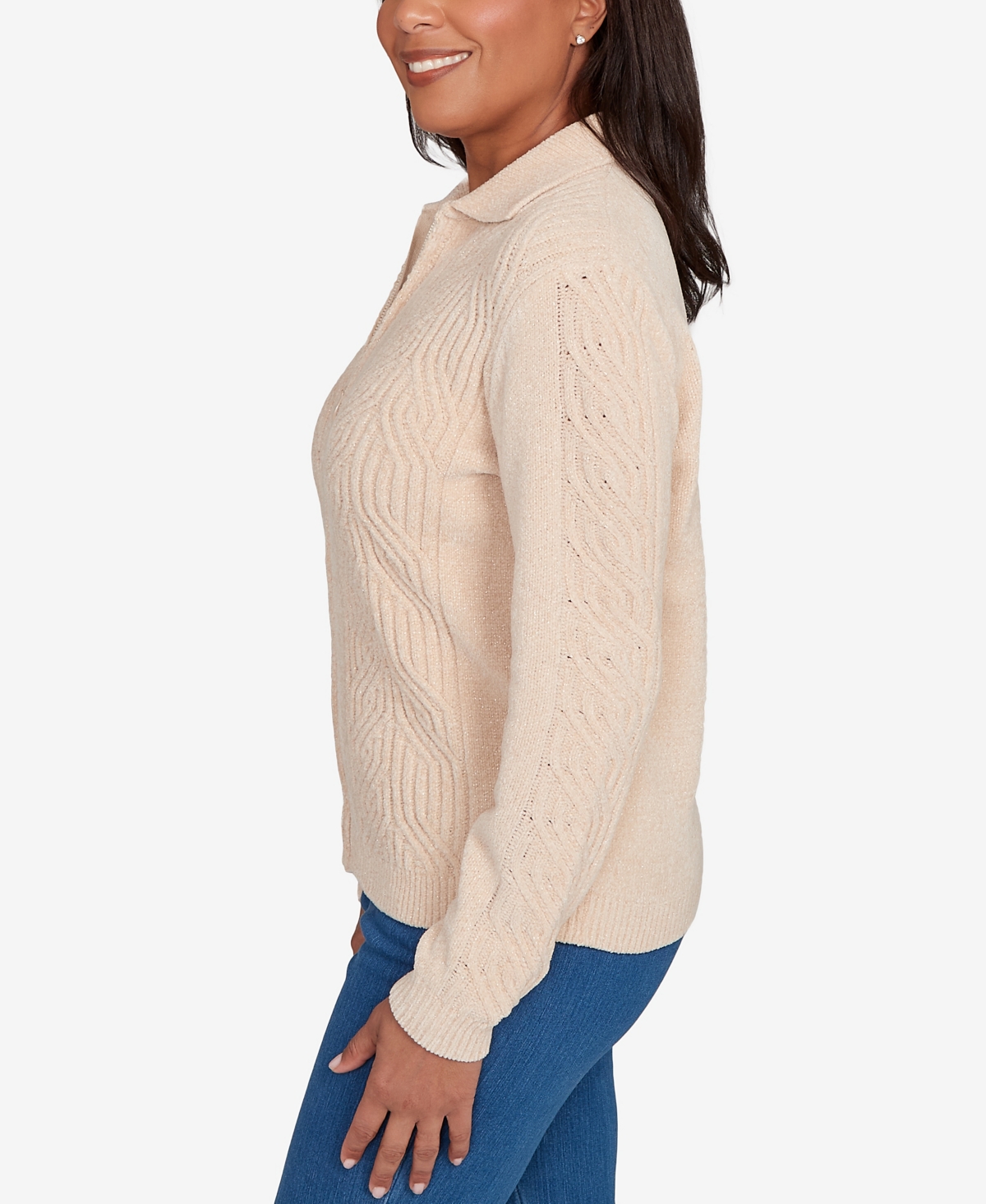 Alfred Dunner Plus Size Classic Zip-front Chenille Collared Cardigan Sweater In Brown
