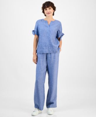 Women's 100% Linen Split-Neck Tie-Cuff Top, Created for Macy's