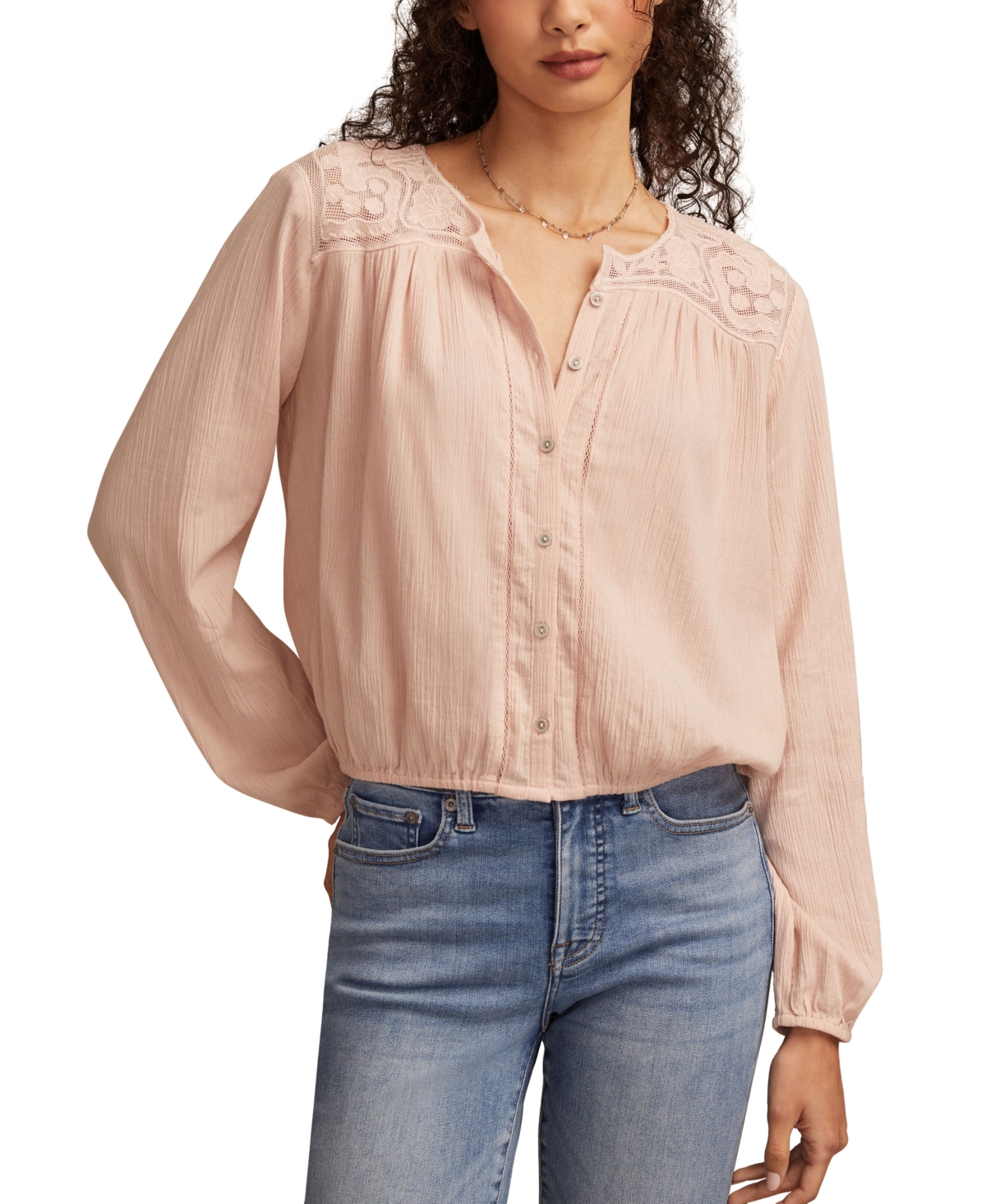 Lucky Brand Women's Long Sleeve Pintuck Bubble Top In Pink