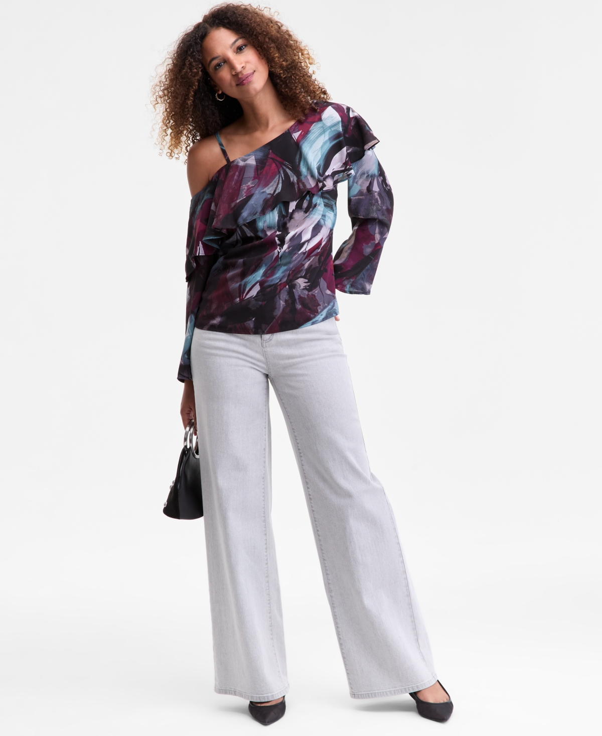 Inc International Concepts Women's Ruffled Asymmetrical-neck Blouse, Macy's Exclusive In Multi