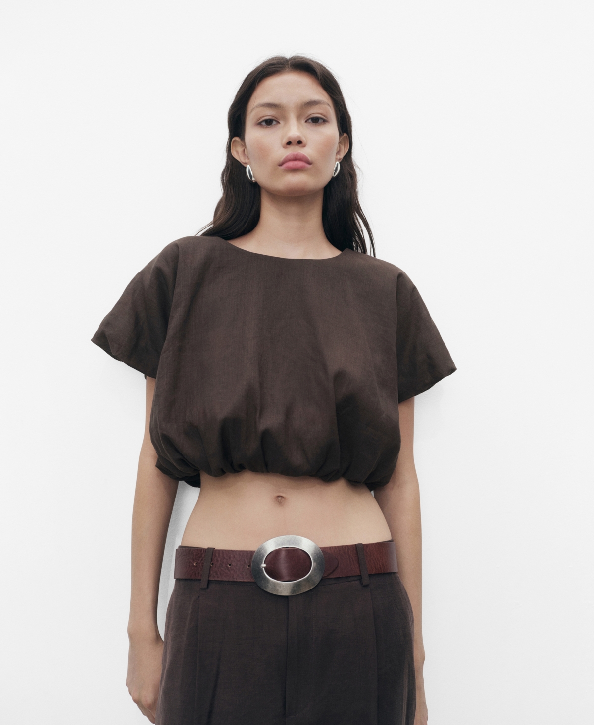 Mango Puff Sleeve Crop Top In Brown