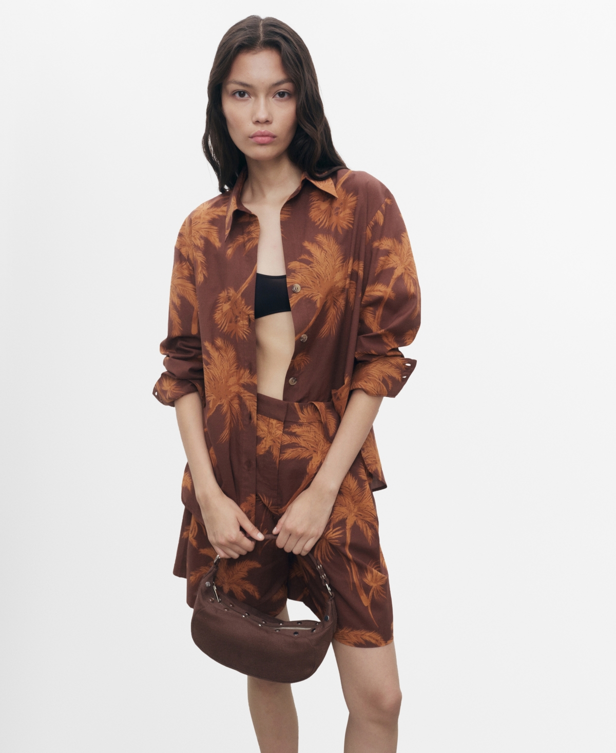 Women's Palm Print Cotton Shirt - Brown