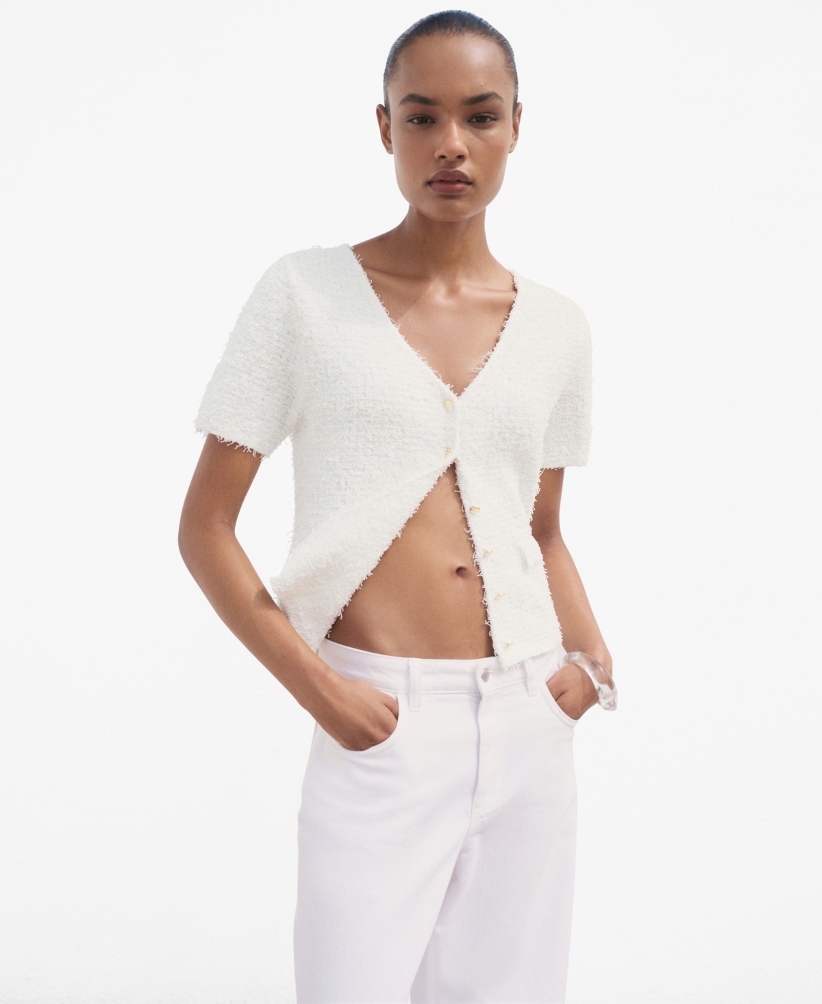 Mango Women's Short-sleeved Boucle Cardigan In White