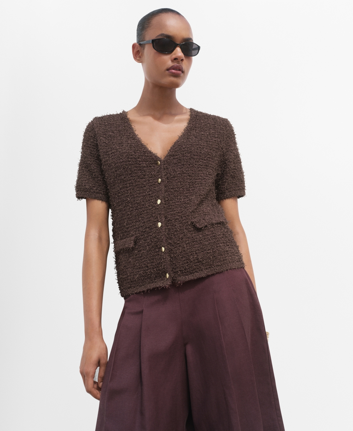 Women's Short-Sleeved Boucle Cardigan - Chocolate