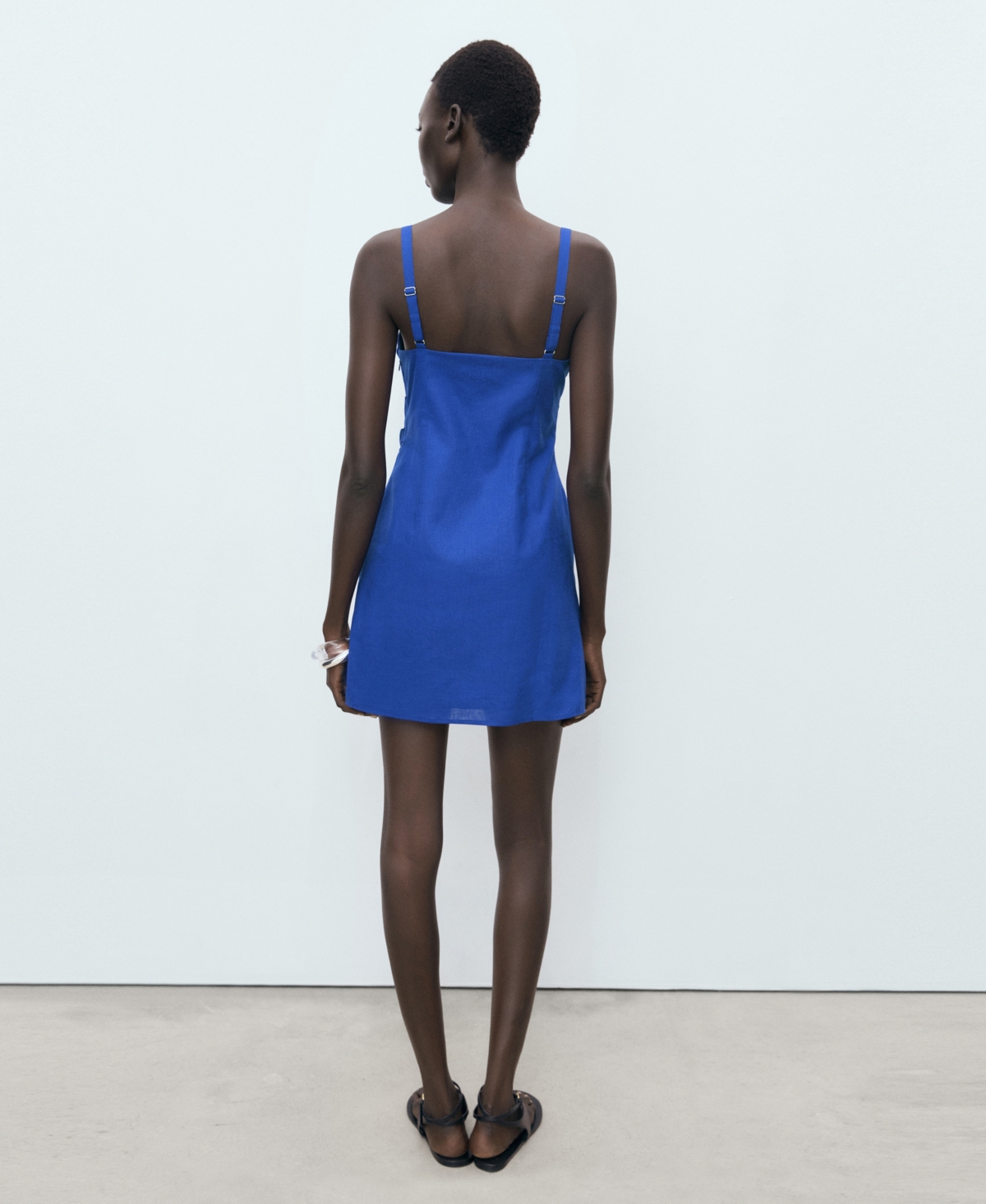 Mango Short Draped Linen Dress Vibrant Blue In Blue