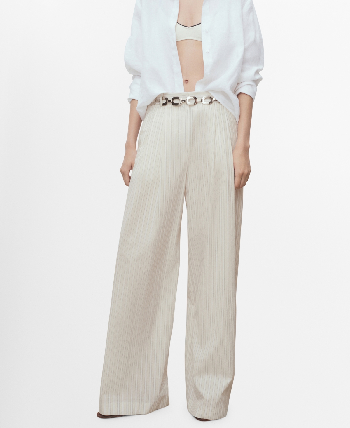Mango Stripe Cotton Wide Leg Pants In Gray