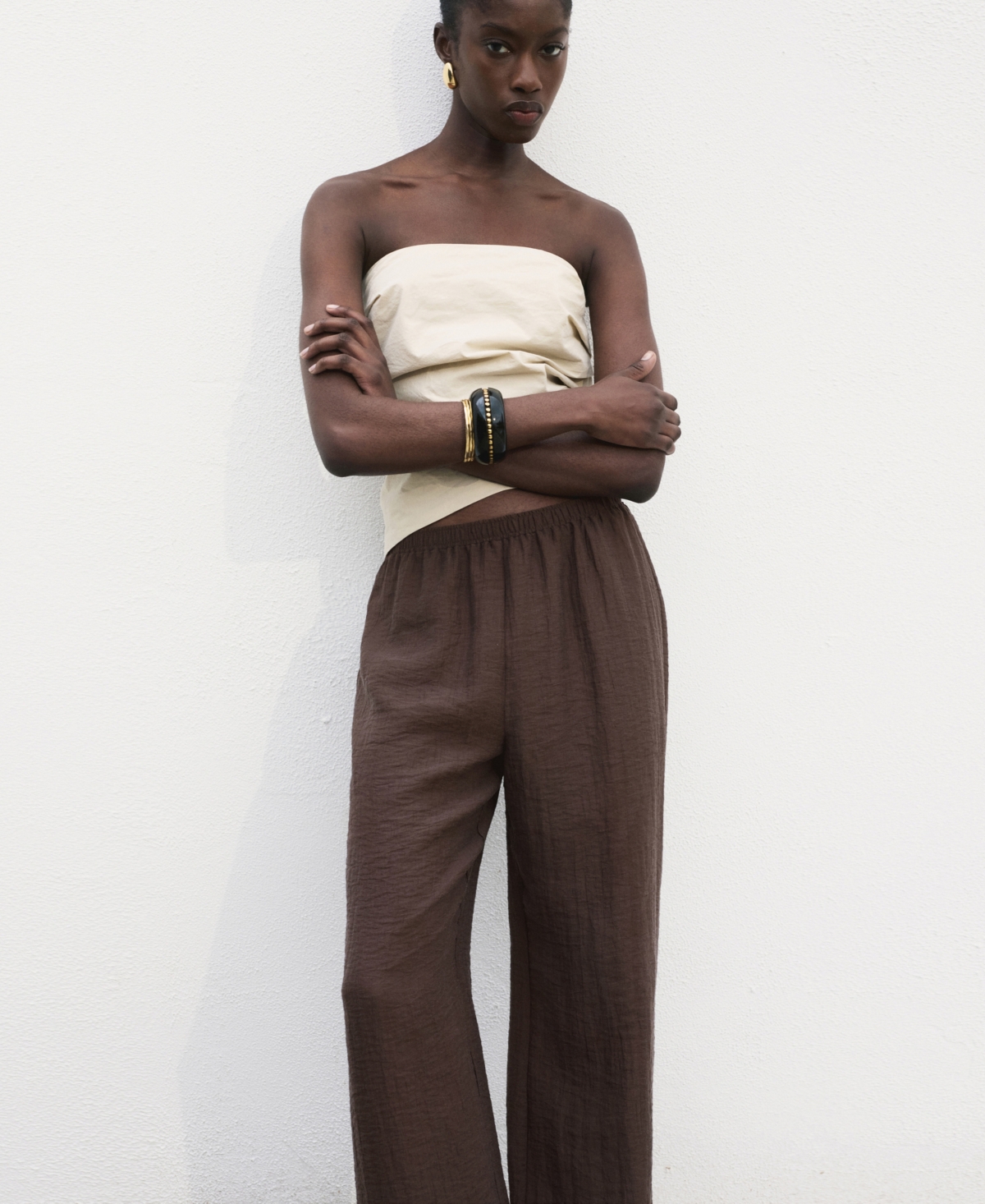 Mango Elastic Waist Lyocell Blend Pants In Brown