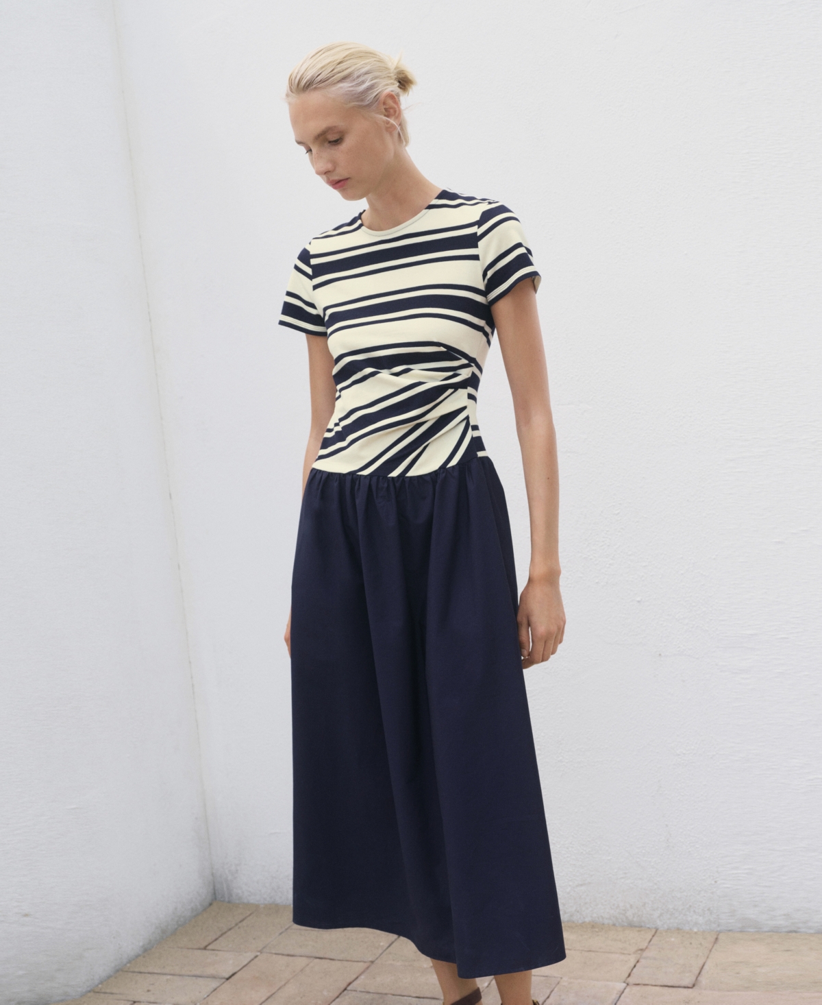 Mango Stripe Bodice Cotton Maxi Dress In Blue