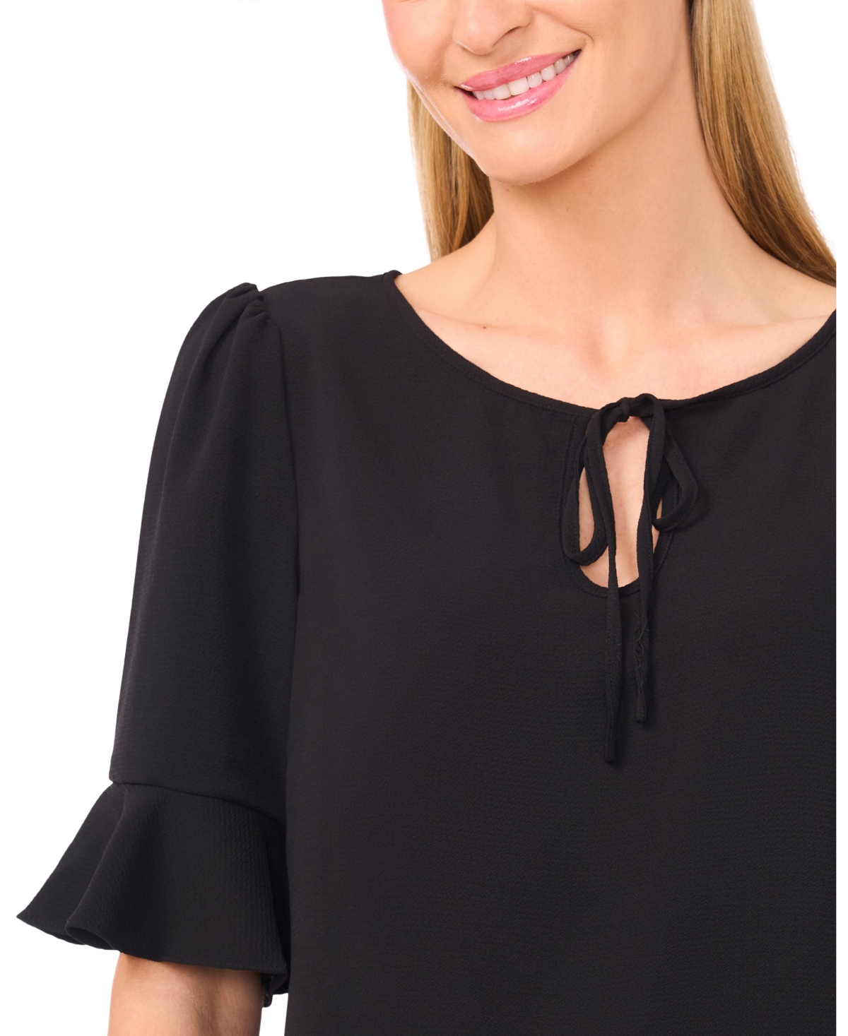 Cece Women's Split Tie Neck Ruffle Cuff 3/4-sleeve Top In Black