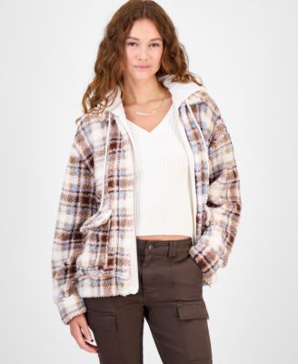 Madden Girl - Juniors' Plaid Long-Sleeve Sherpa Jacket