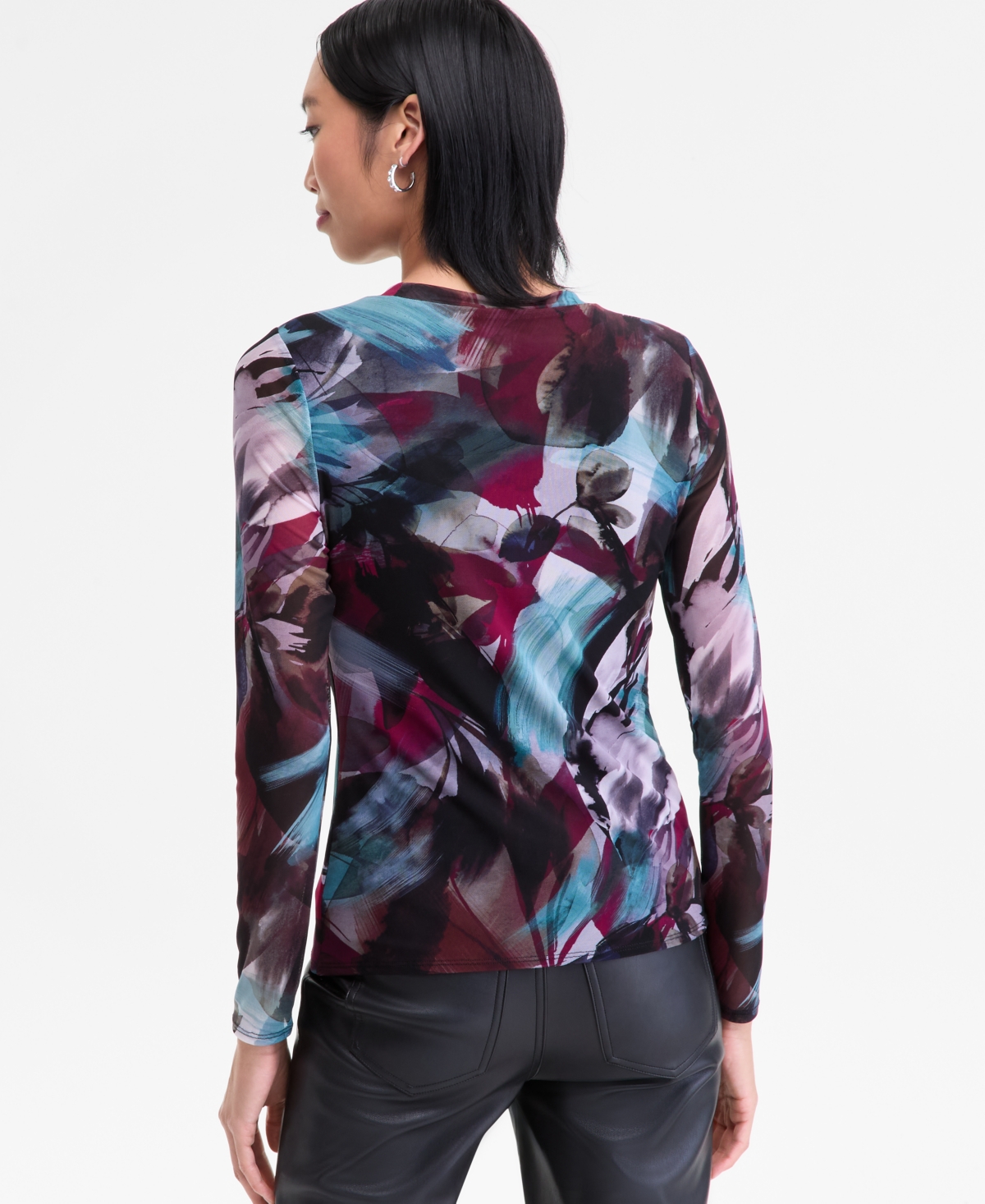 Inc International Concepts Women's Printed Mesh Long-sleeve Top, Macy's Exclusive In Multi