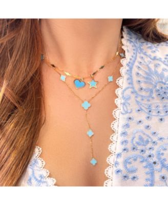 Turquoise Clover Station Lariat Necklace 14K Gold