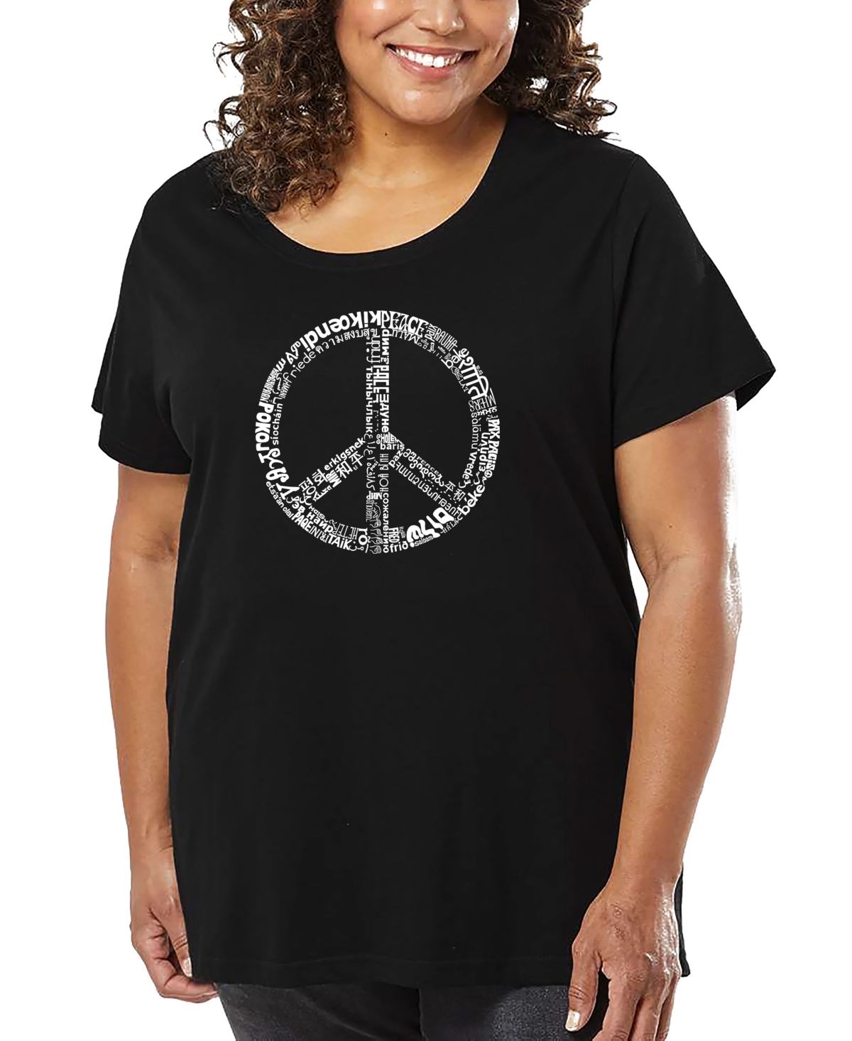 La Pop Art Plus Size The Word Peace In 77 Languages Word Art T-shirt In Black