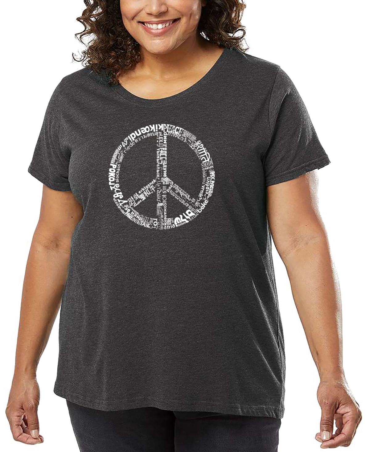 La Pop Art Plus Size The Word Peace In 77 Languages Word Art T-shirt In Gray