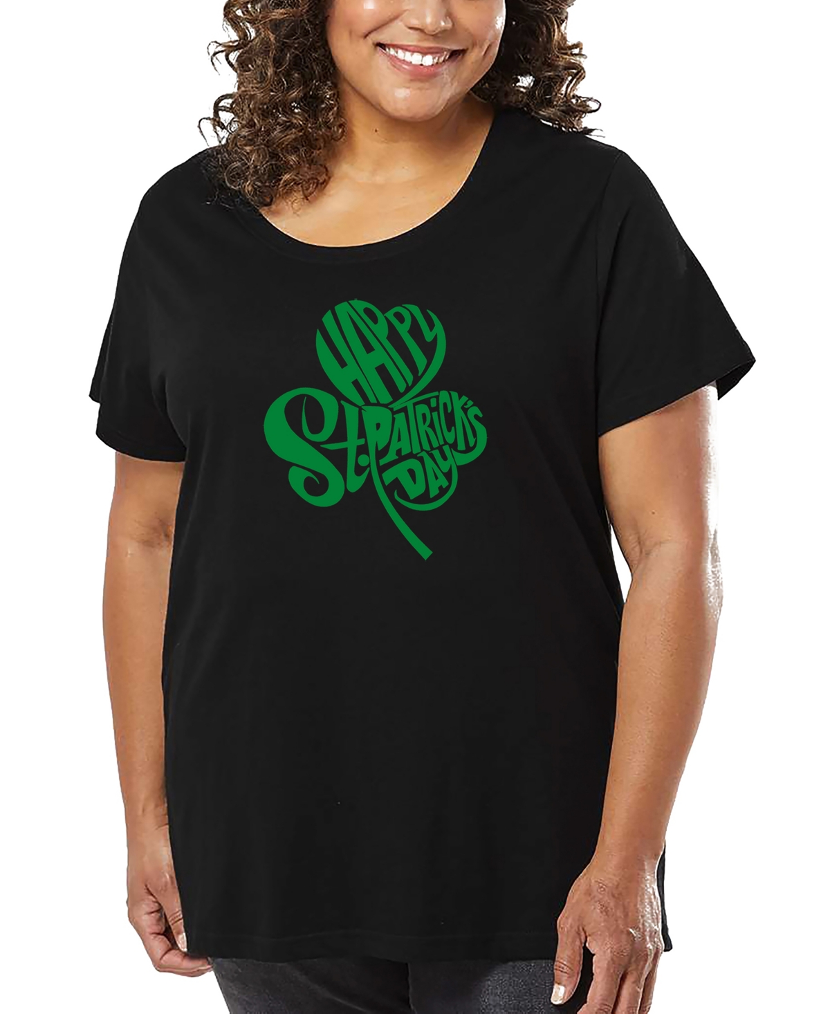 La Pop Art Plus Size St. Patrick's Day Shamrock Word Art T-shirt In Black