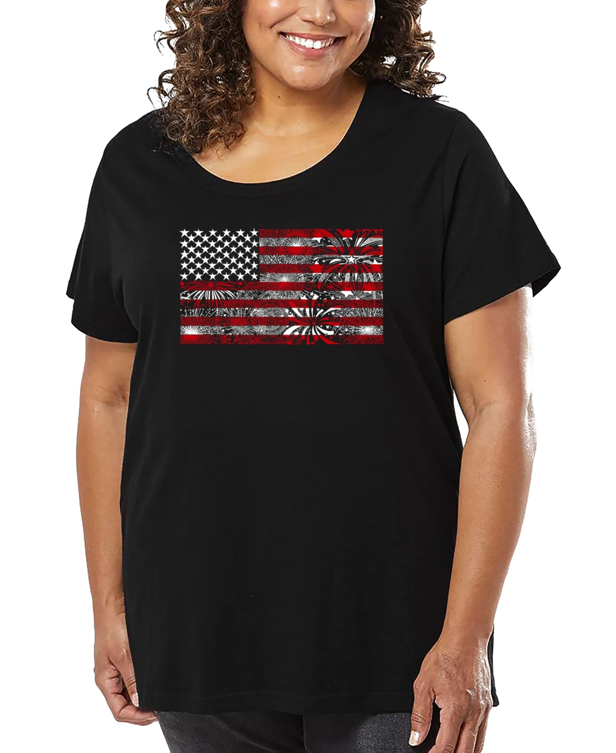 La Pop Art Plus Size Fireworks American Flag Art T-shirt In Black