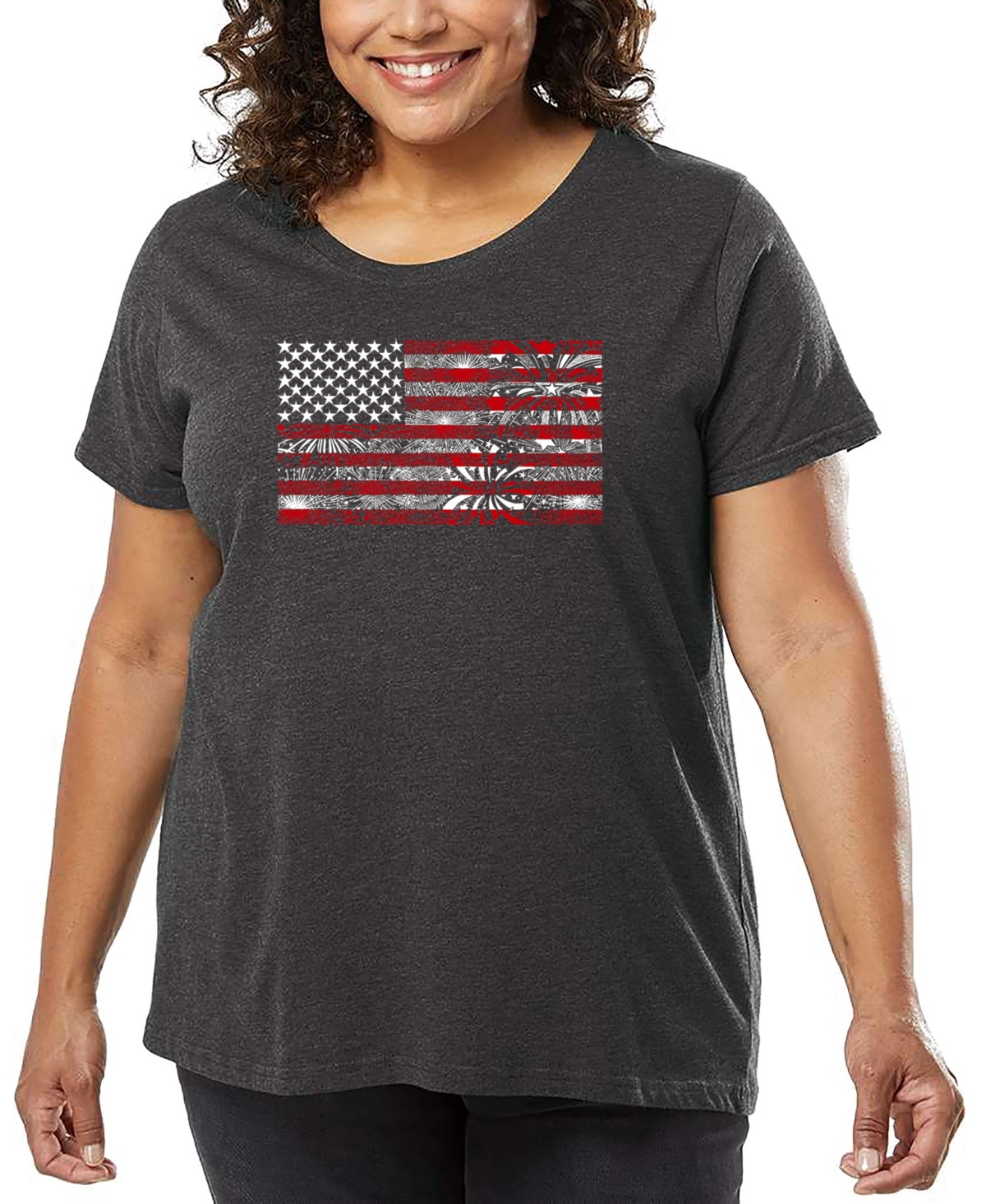 La Pop Art Plus Size Fireworks American Flag Art T-shirt In Gray