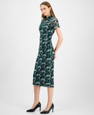 Women's Printed-Mesh Mock-Neck Midi Dress