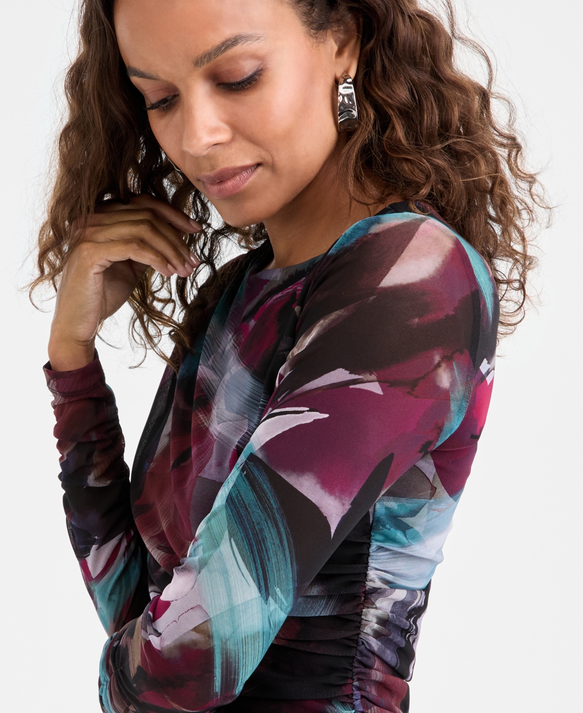 Inc International Concepts Petite Ruched Abstract-print Top, Macy's Exclusive In Multi