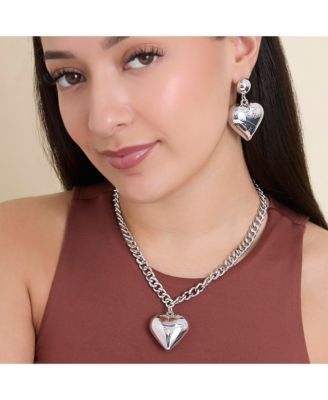 Puffy Heart Statement Stud Earrings in Silver-Tone