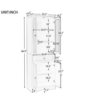 Tall Bathroom Storage Cabinet, Four Doors, Drawers, Adjustable Shelf