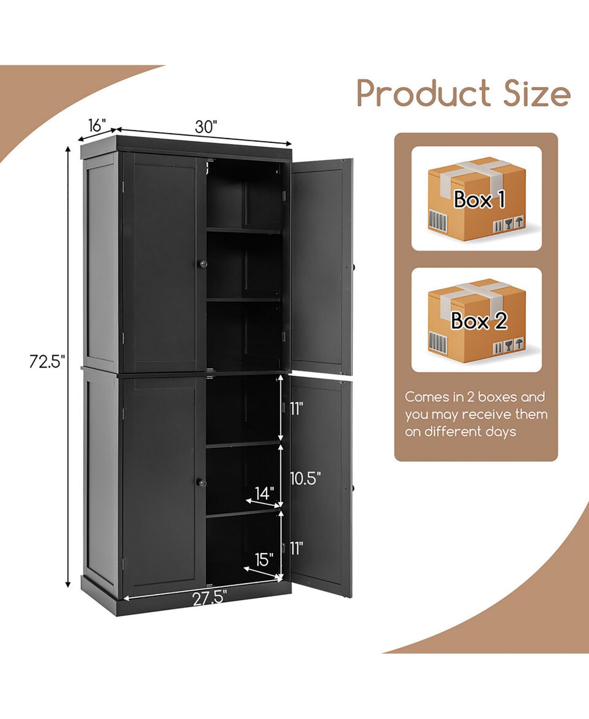 Gymax 72.5'' Kitchen Pantry w/4 Door 6-Tier Shelves Freestanding Modern Storage