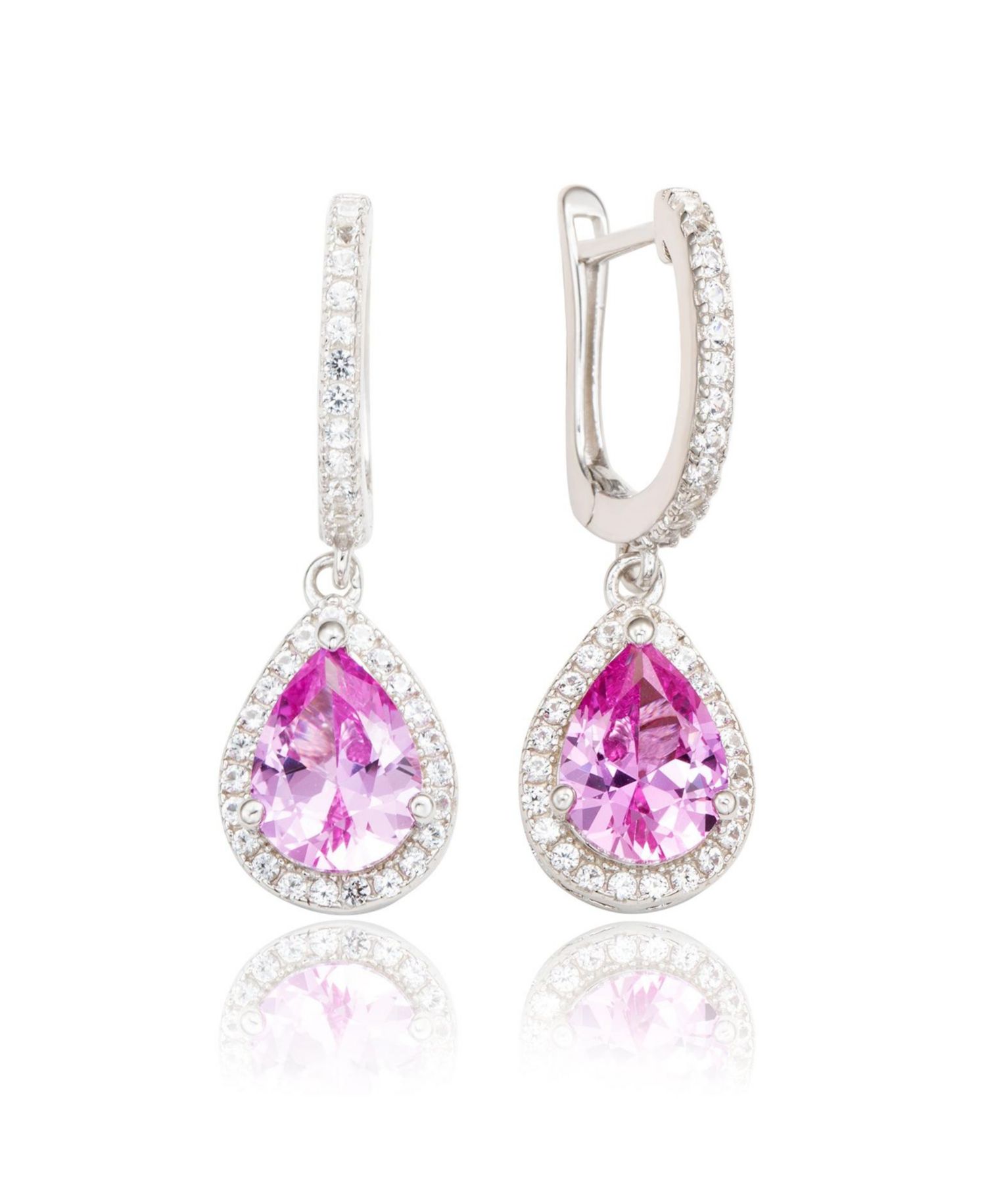 Suzy Levian Sterling Sapphire Pear Shape Halo Dangling Earrings
