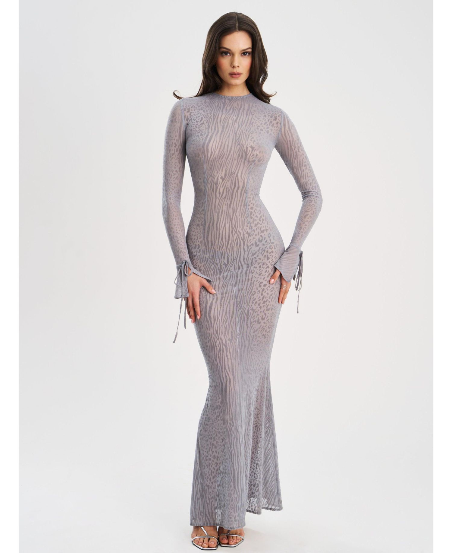 Women Waylynn Gray Animal Print Burnout Velvet Detail Mesh Backless Maxi Dress