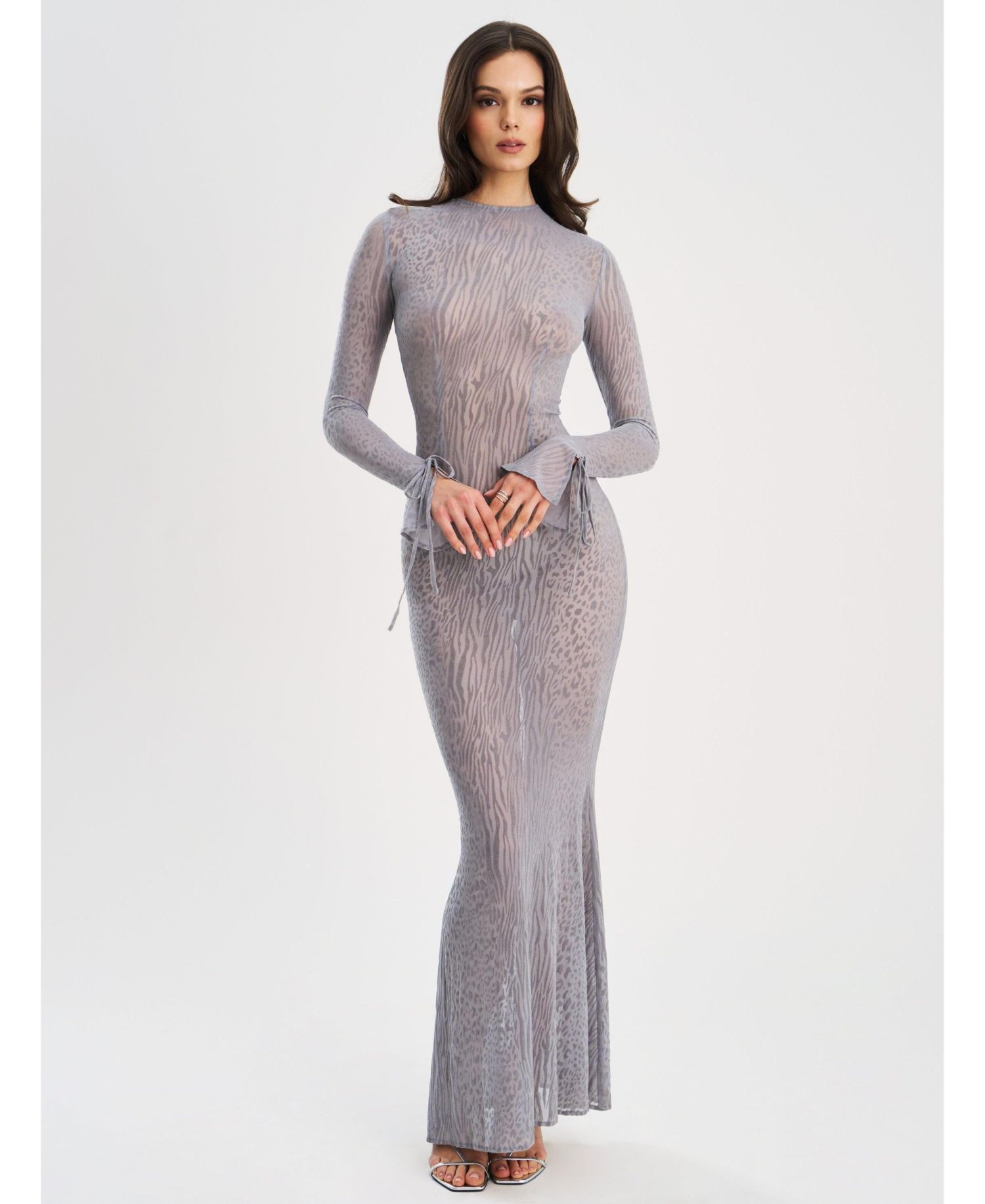 Women Waylynn Gray Animal Print Burnout Velvet Detail Mesh Backless Maxi Dress