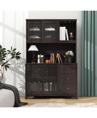 Kitchen Pantry Storage Cabinet Kitchen Hutch w/ LED lights & Power Outlet Dark