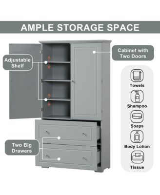 Wide Bathroom Storage Cabinet, Freestanding Unit with Two Drawers and Adjustable Shelf
