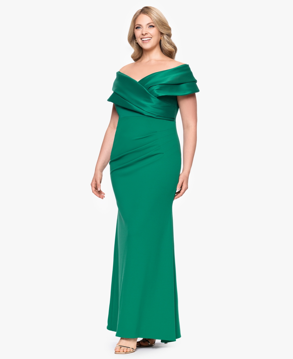 Betsy & Adam Plus Size Mixed-material Off-the-shoulder Gown In Green