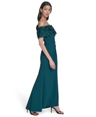 Petite Rosette-Trim Off-The-Shoulder Evening Gown